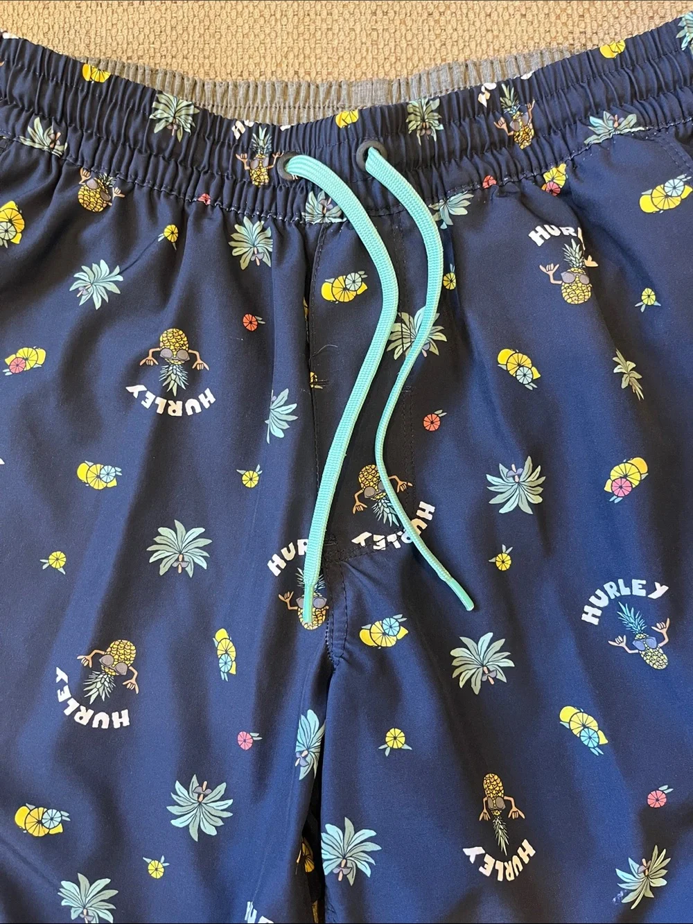 Hurley Navy Pineapple & Palm Swim Shorts with Teal Drawstring